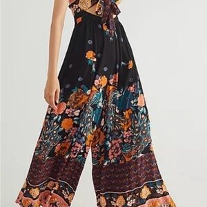 Free People Black Floral Halter Wide-Leg Jumpsuit
